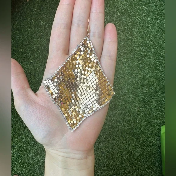 Gold Mesh Statement Earrings with Rhinestone Trim - Picture 3 of 4